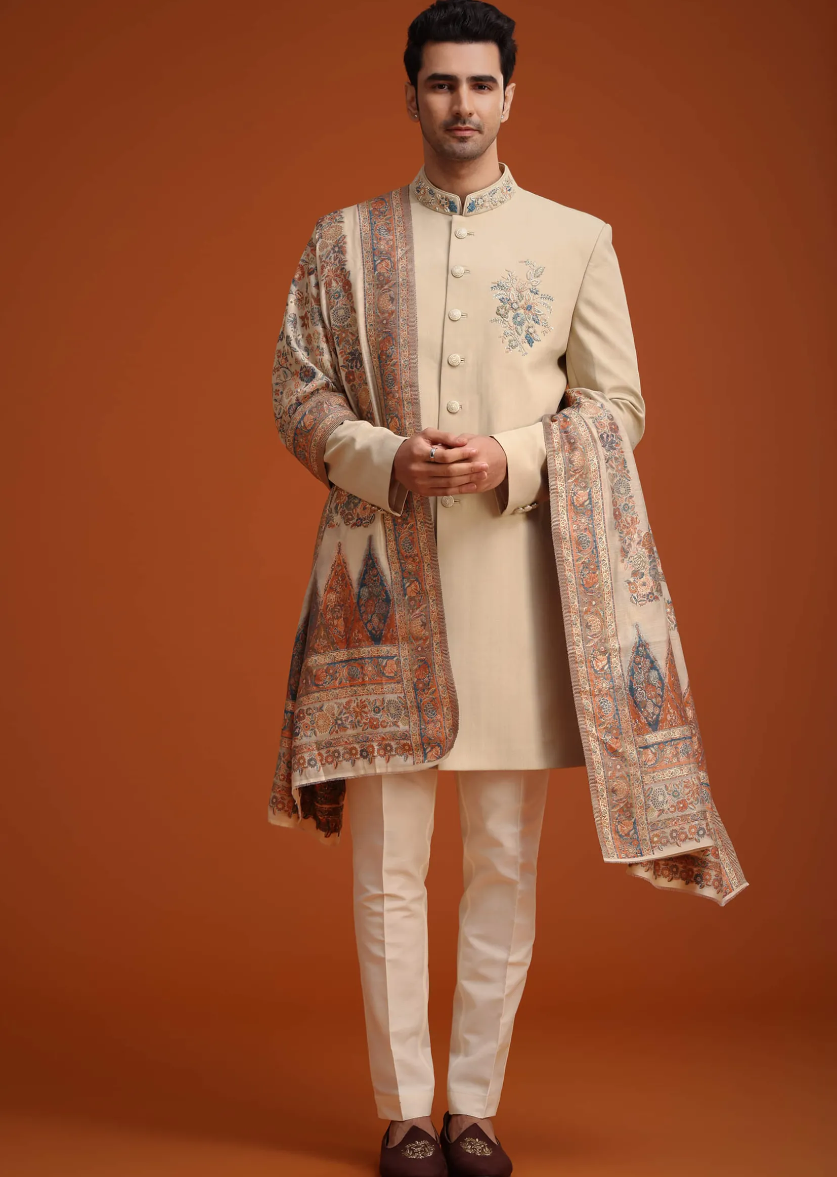 Beige Hand Embroidered Indo Western Set With Dupatta