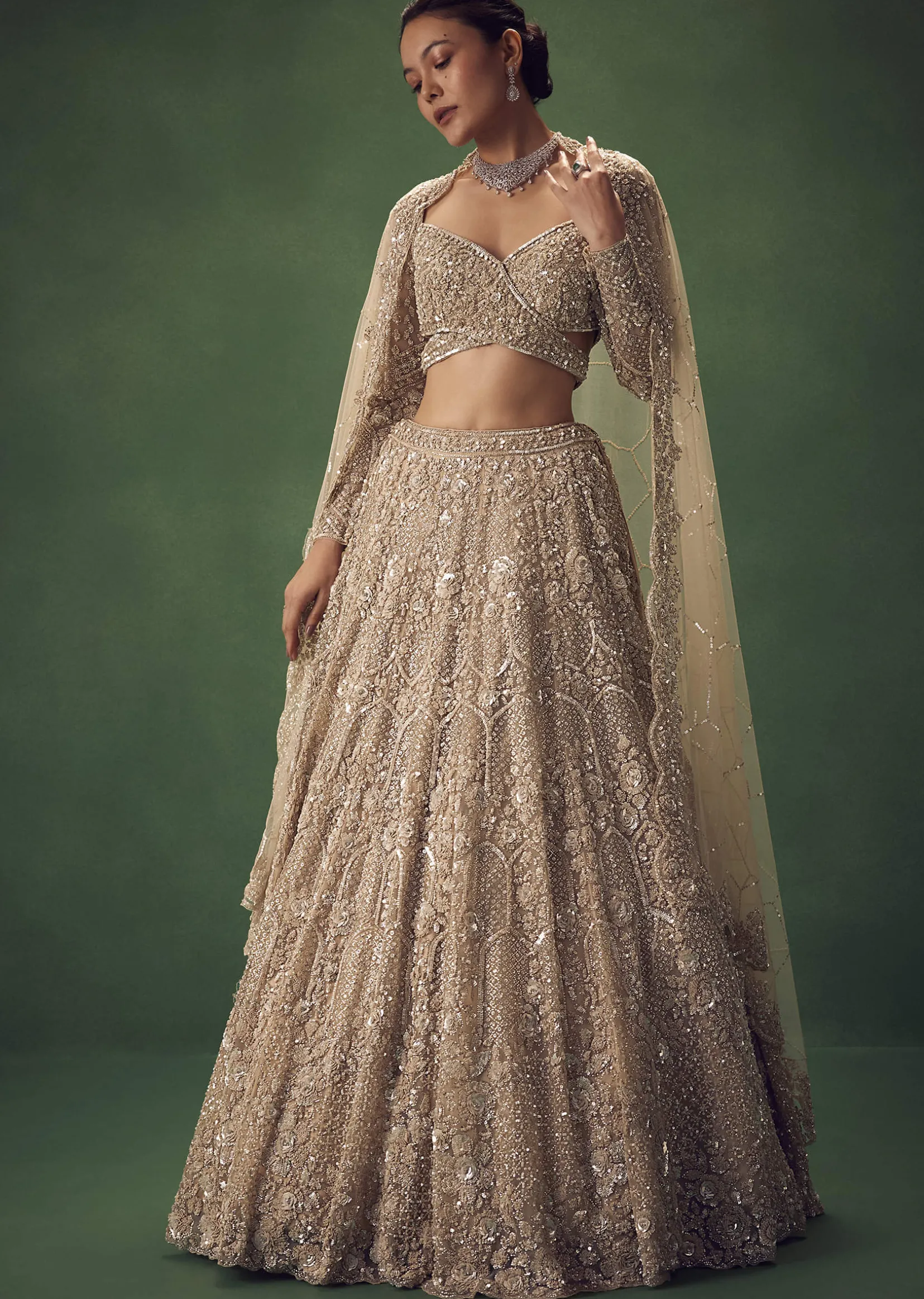 Beige Hand Embroidered Sequin Work Lehenga Set