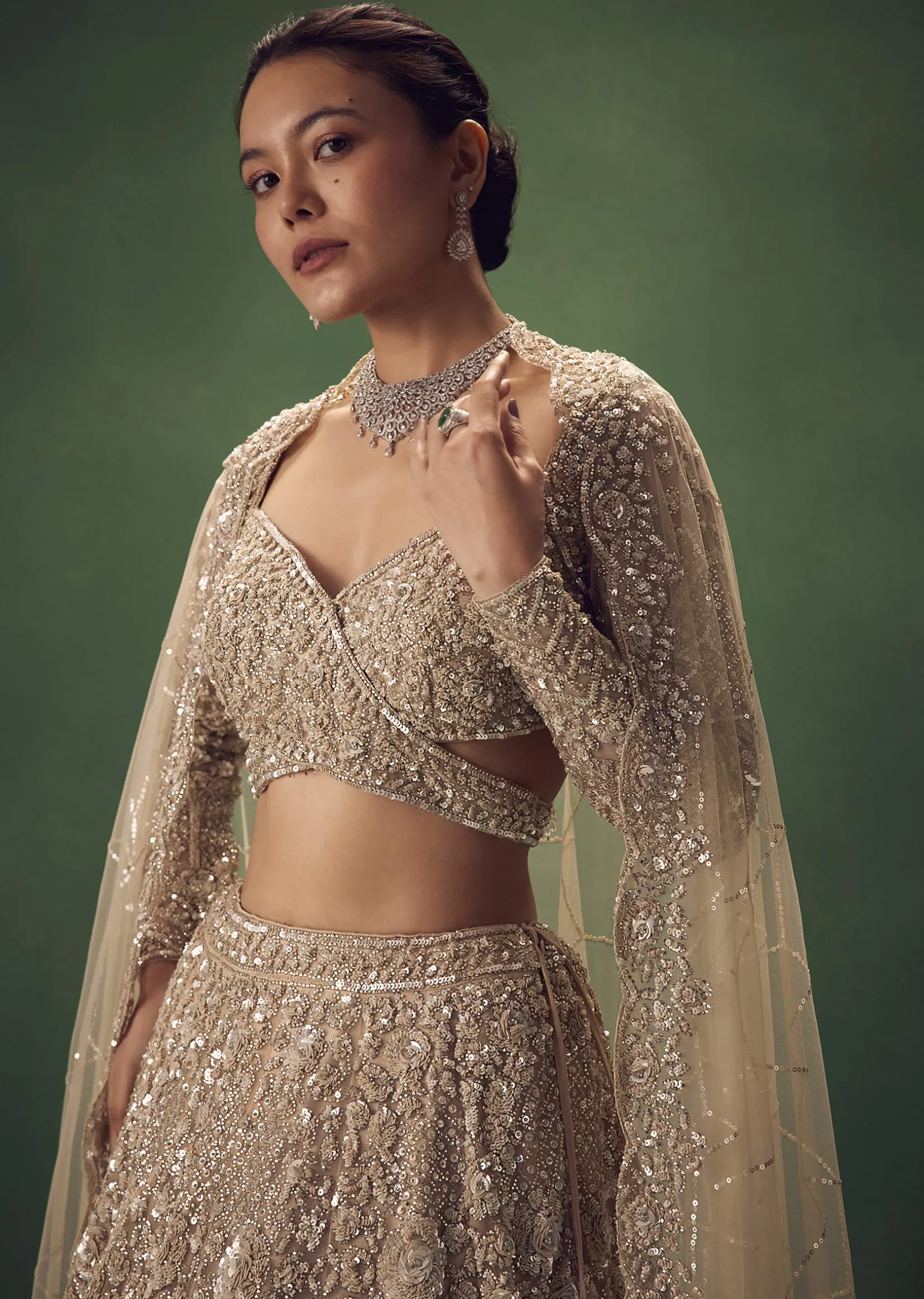 Beige Hand Embroidered Sequin Work Lehenga Set