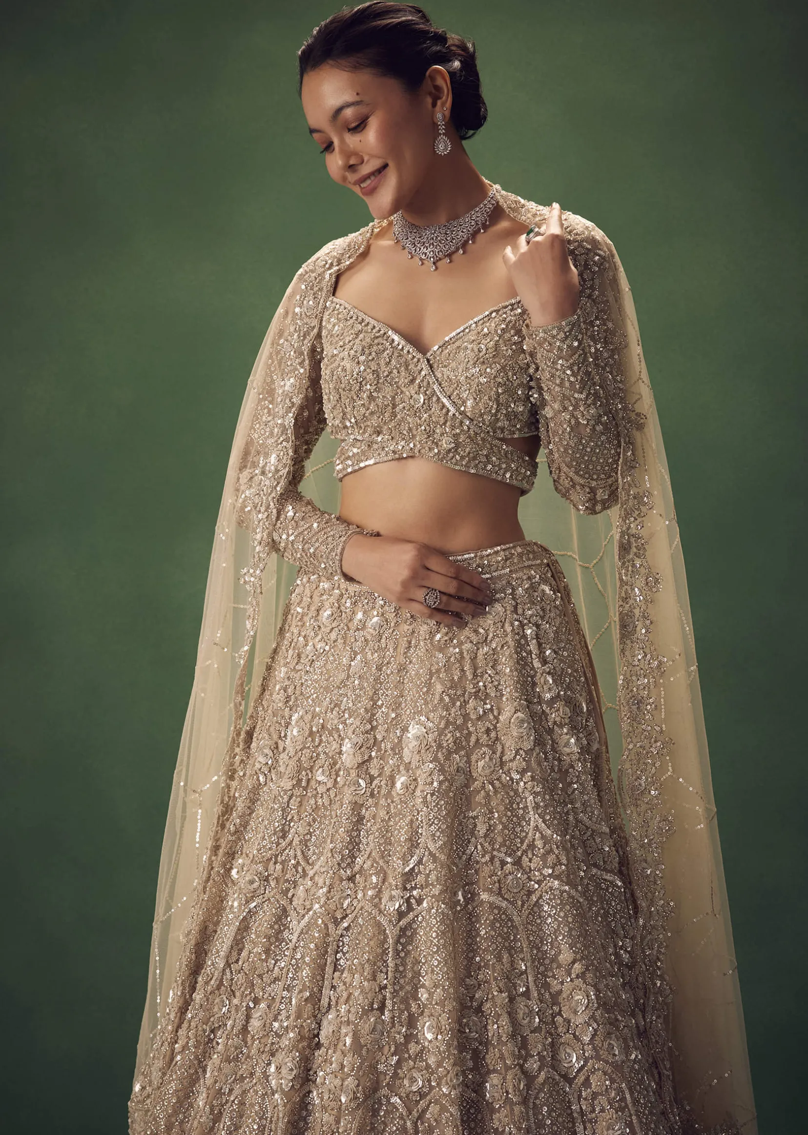 Beige Hand Embroidered Sequin Work Lehenga Set