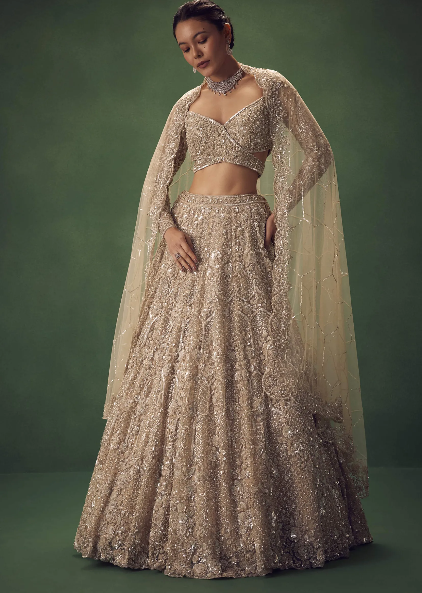 Beige Hand Embroidered Sequin Work Lehenga Set