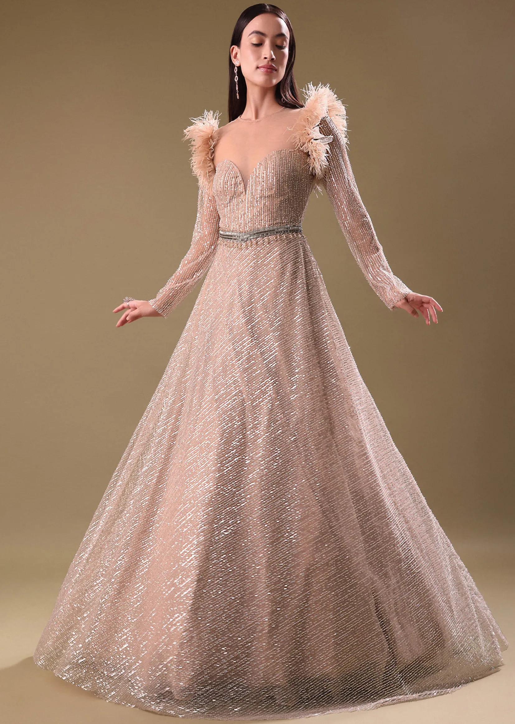 Beige Hand Embroidered Sequins Gown