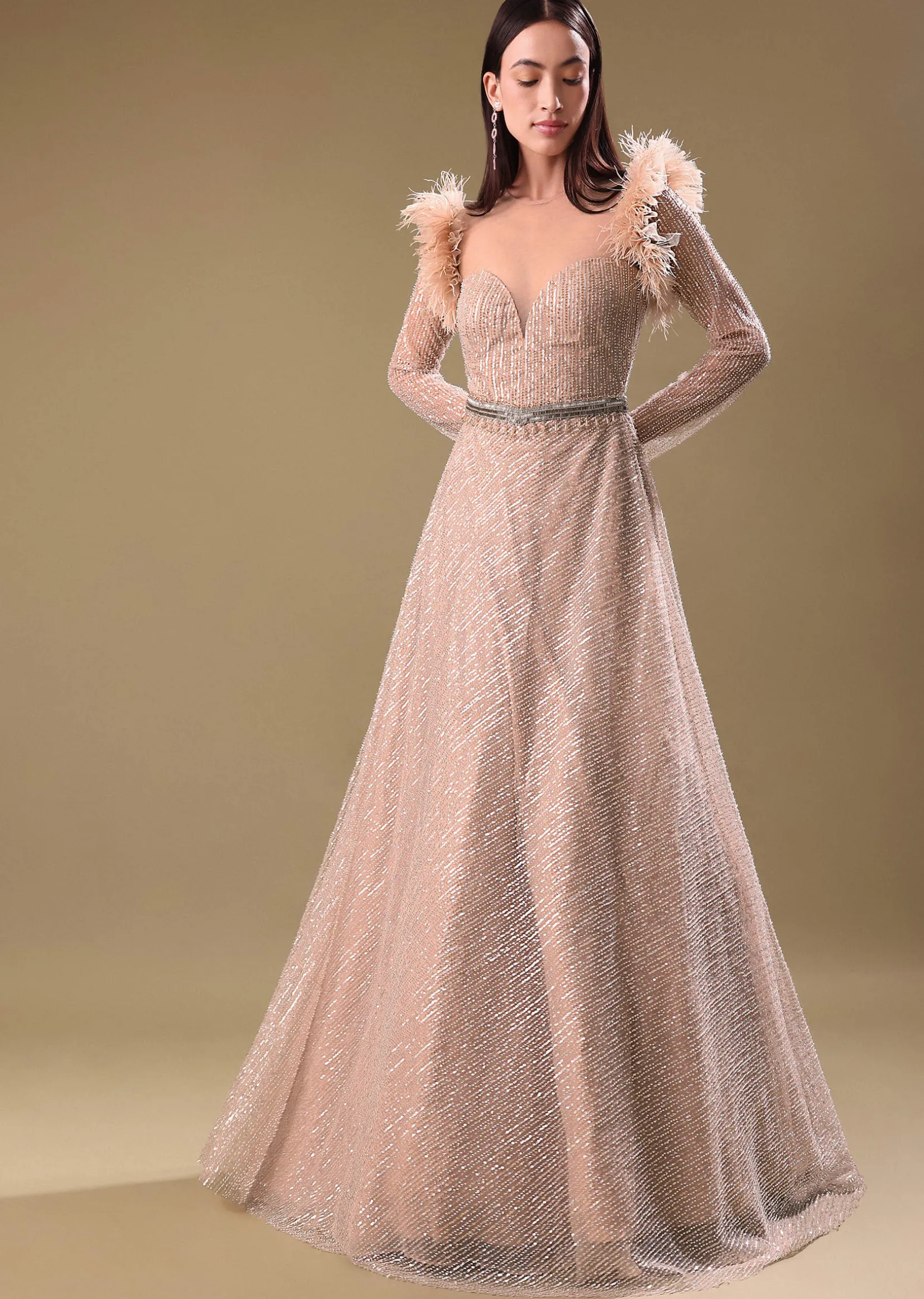 Beige Hand Embroidered Sequins Gown