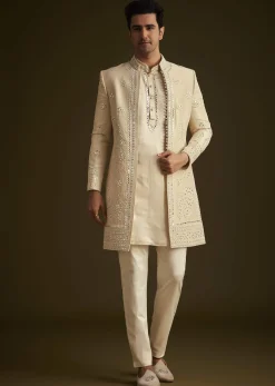 Beige Hand Embroidered Sherwani Set