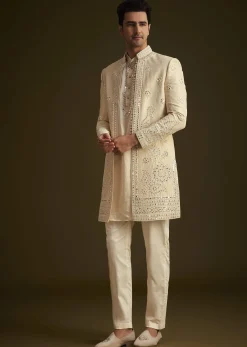 Beige Hand Embroidered Sherwani Set