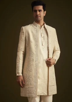 Beige Hand Embroidered Sherwani Set