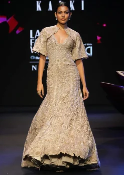 Beige Heavy Embroidered Gown With Jacket