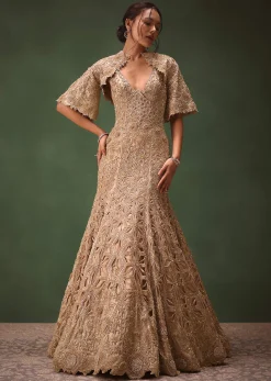 Beige Heavy Embroidered Gown With Jacket