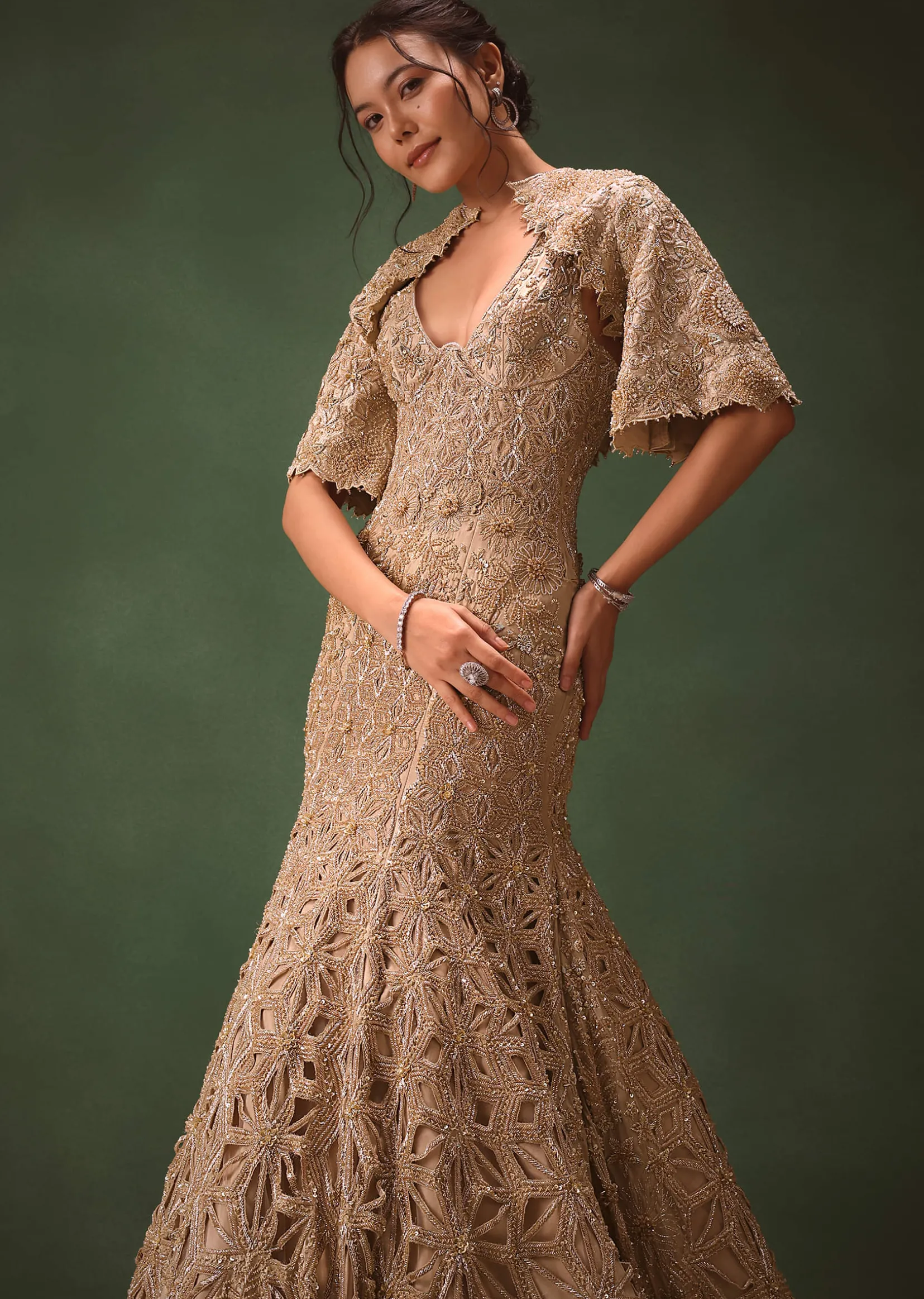 Beige Heavy Embroidered Gown With Jacket