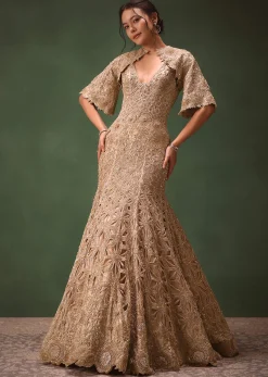 Beige Heavy Embroidered Gown With Jacket