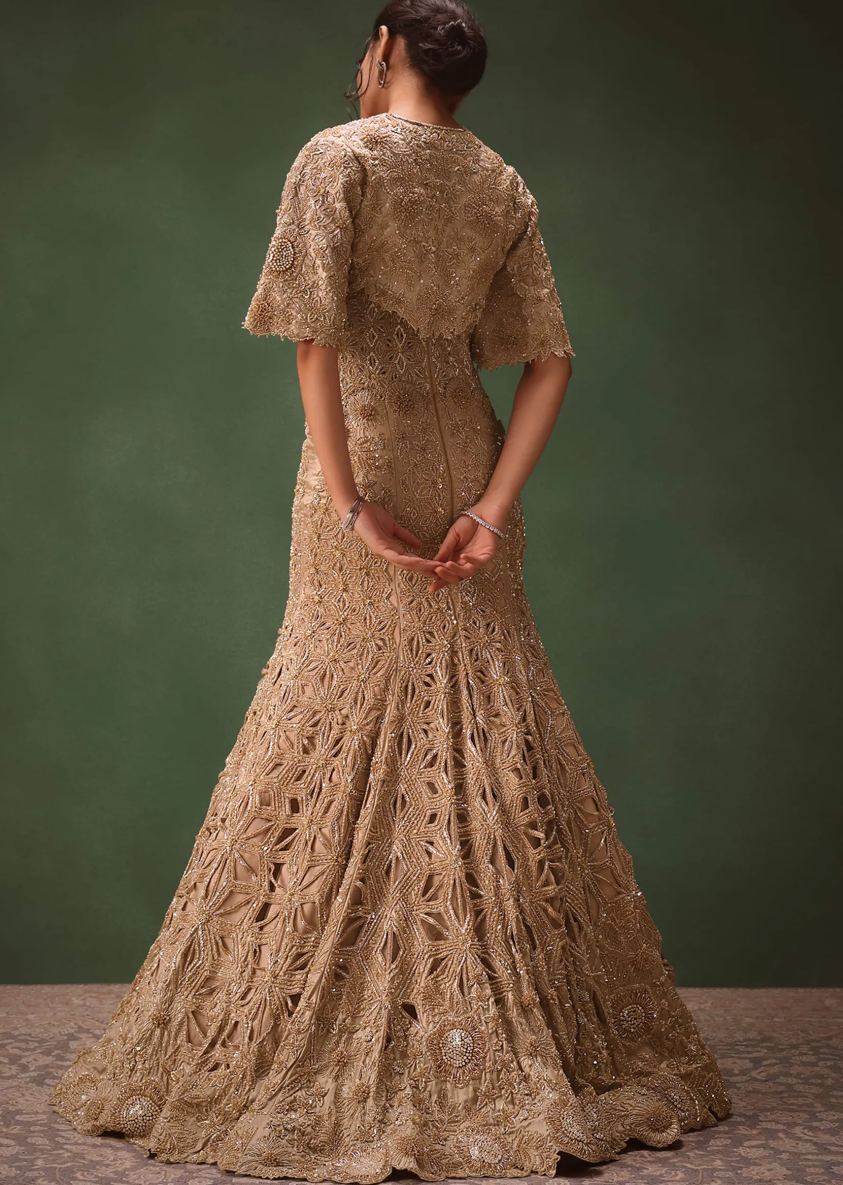 Beige Heavy Embroidered Gown With Jacket