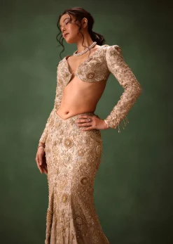 Beige Heavy Embroidered Skirt Suit With Full Sleeves V Neck Blouse