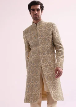 Beige High Collar Silk Sherwani And Kurta Set
