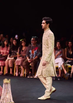Beige High Collar Silk Sherwani And Kurta Set