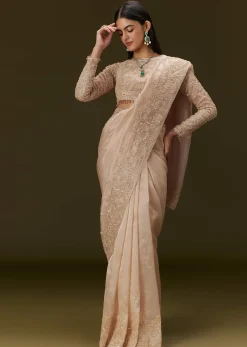 Beige Ivory Tissue Saree With Velvet Embroidered Blouse