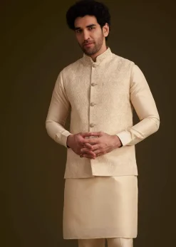 Beige Jacquard Nehru Jacket Set
