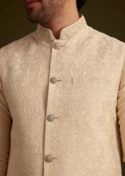 Beige Jacquard Nehru Jacket Set