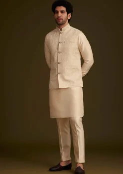 Beige Jacquard Nehru Jacket Set