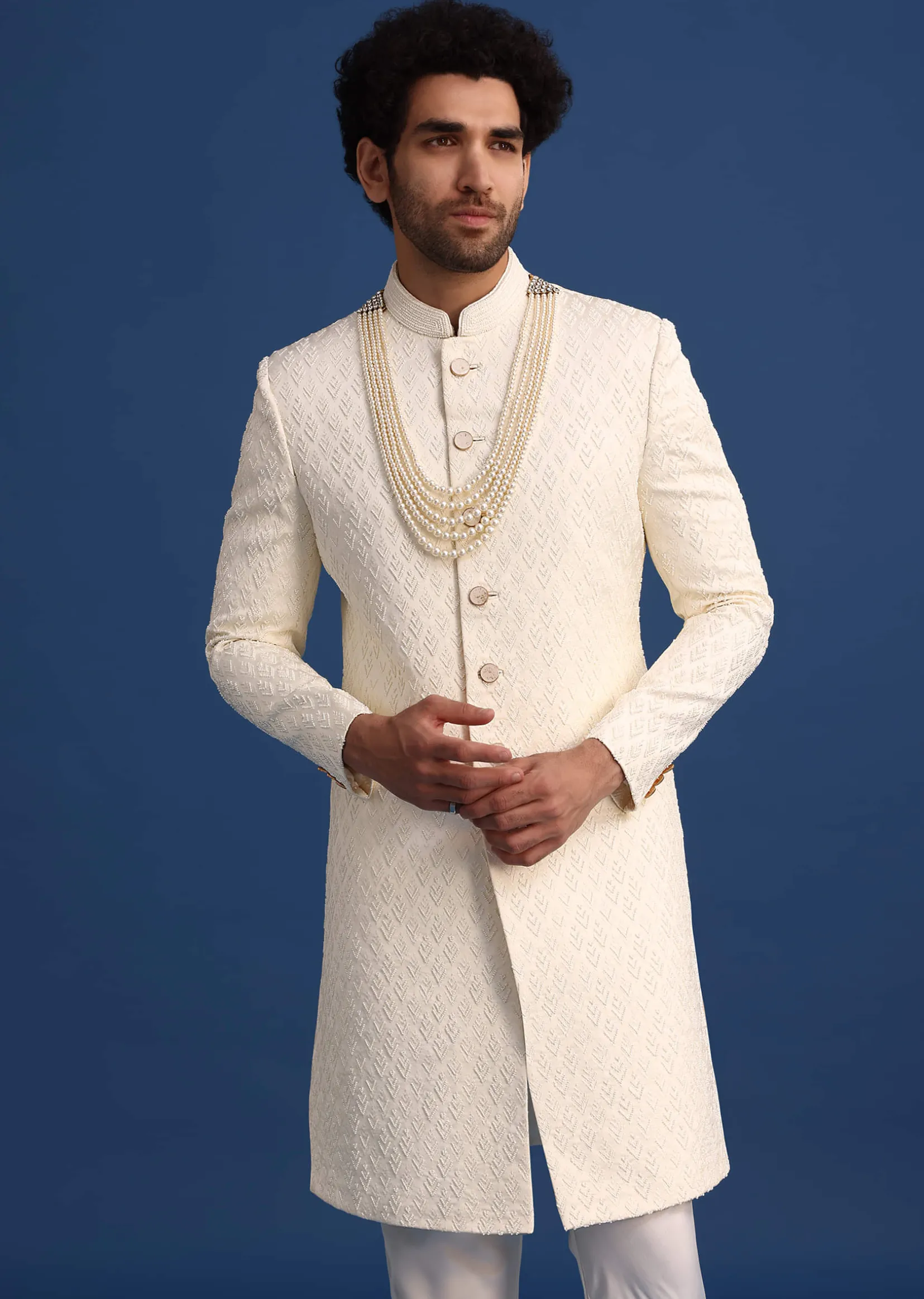 Beige Jacquard Sherwani And Kurta Set