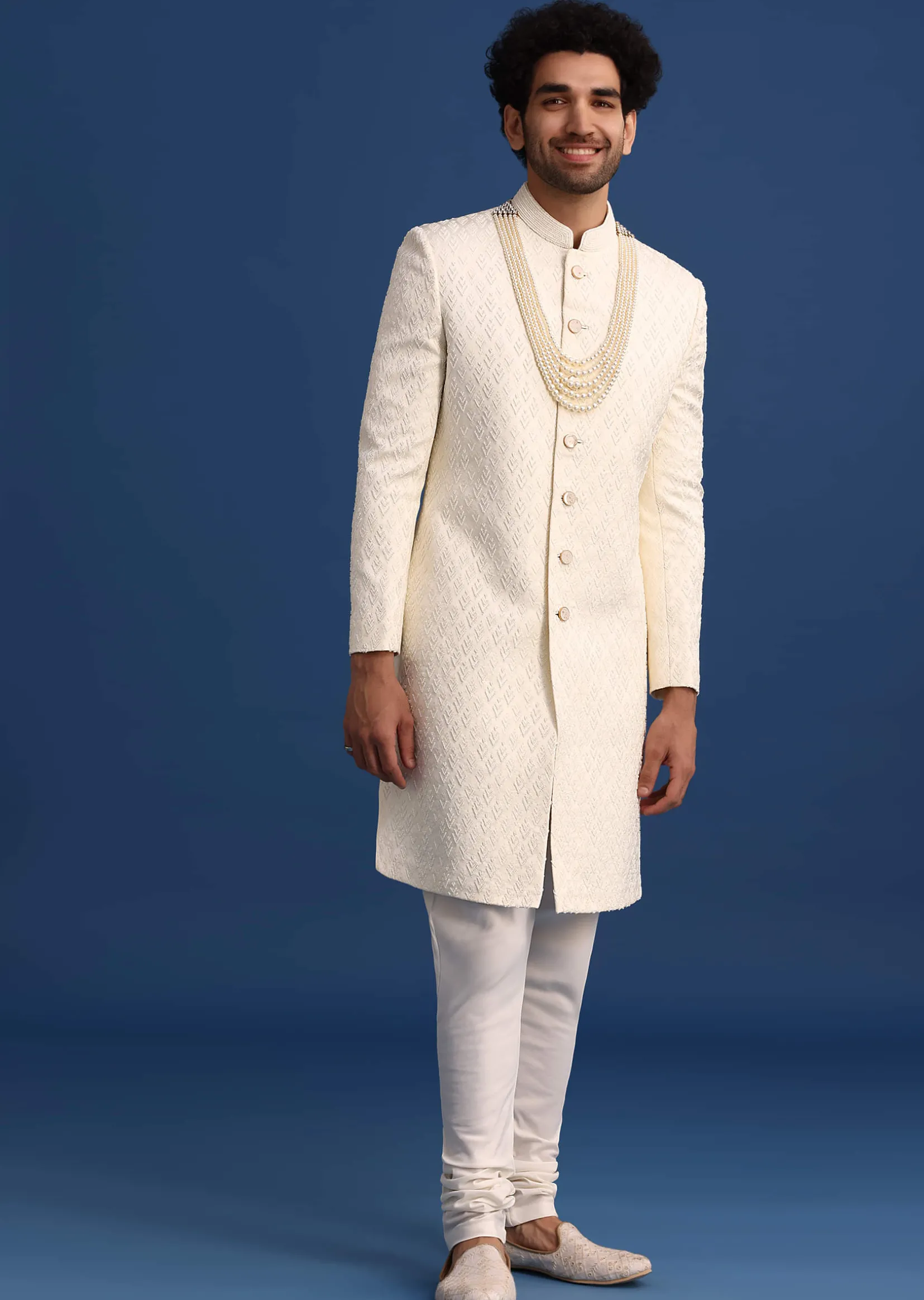 Beige Jacquard Sherwani And Kurta Set
