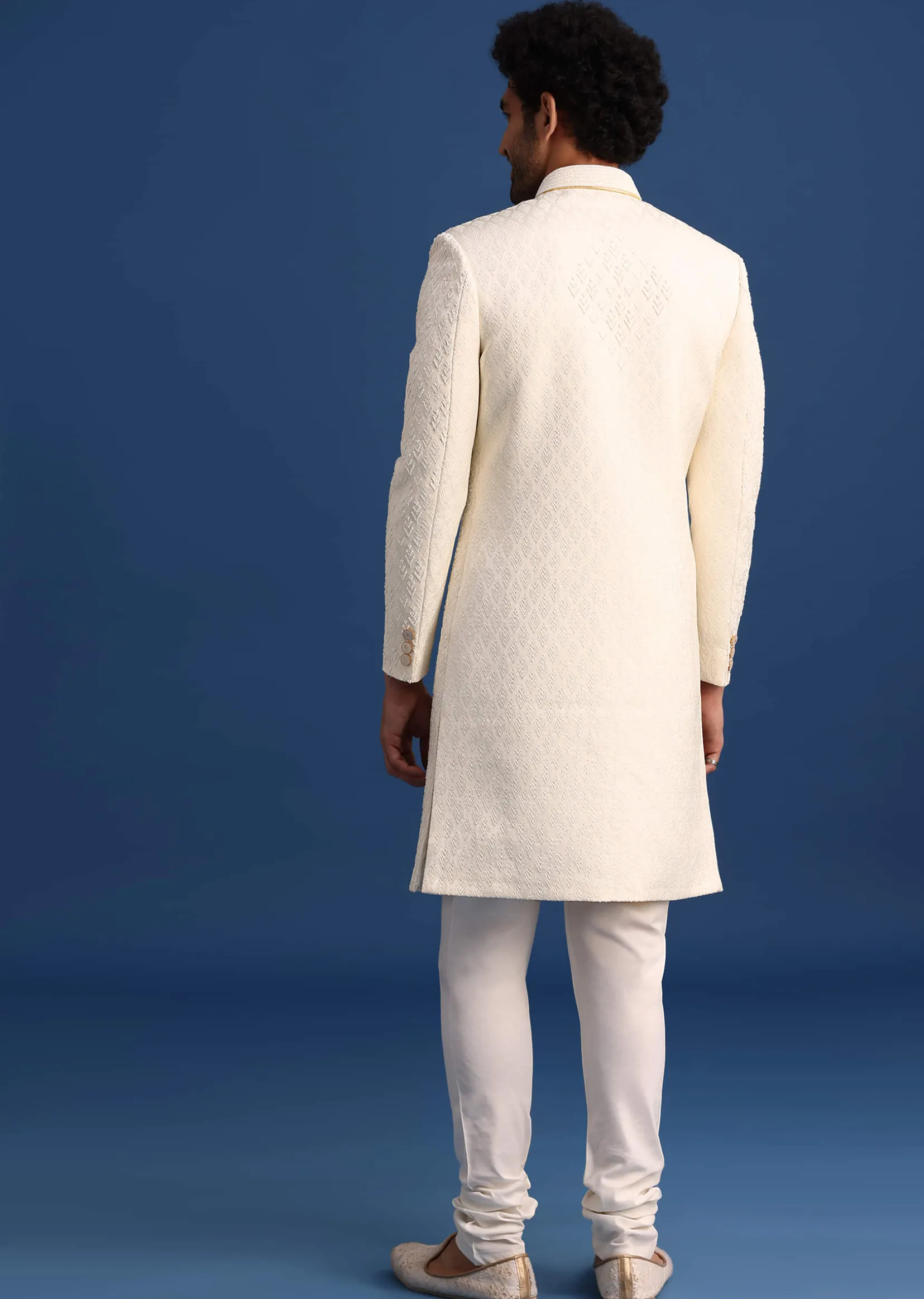 Beige Jacquard Sherwani And Kurta Set