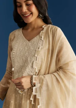 Beige Jamdani Anarkali Set With Thread Work Yoke And Floral Dupatta