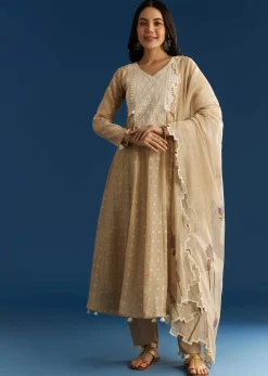 Beige Jamdani Anarkali Set With Thread Work Yoke And Floral Dupatta
