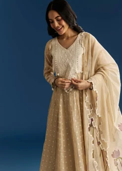 Beige Jamdani Anarkali Set With Thread Work Yoke And Floral Dupatta
