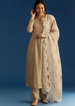 Beige Jamdani Butti Anarkali With Cutwork Dupatta