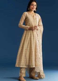 Beige Jamdani Butti Anarkali With Cutwork Dupatta
