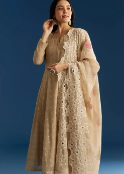 Beige Jamdani Butti Anarkali With Cutwork Dupatta