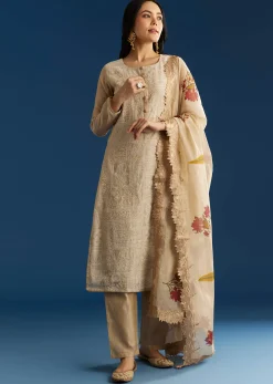 Beige Jamdani Cotton Kurta Set With Thread Work And Block Print Dupatta