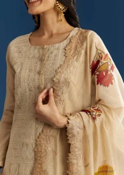 Beige Jamdani Cotton Kurta Set With Thread Work And Block Print Dupatta