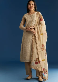 Beige Jamdani Cotton Kurta Set With Thread Work And Block Print Dupatta