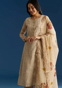 Beige Jamdani Cotton Kurta Set With Thread Work And Block Print Dupatta