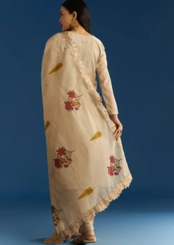 Beige Jamdani Cotton Kurta Set With Thread Work And Block Print Dupatta