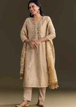 Beige Jamdani Cotton Kurta Pant Set With Zari Dupatta