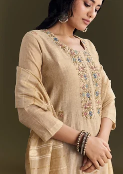 Beige Jamdani Cotton Kurta Pant Set With Zari Dupatta