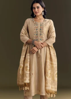 Beige Jamdani Cotton Kurta Pant Set With Zari Dupatta