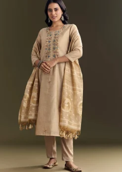 Beige Jamdani Cotton Kurta Pant Set With Zari Dupatta
