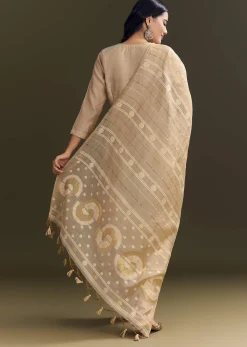 Beige Jamdani Cotton Kurta Pant Set With Zari Dupatta
