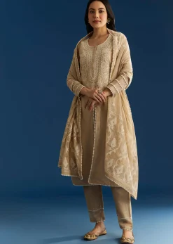 Beige Jamdani Kurta Set With Thread And Sequins Work