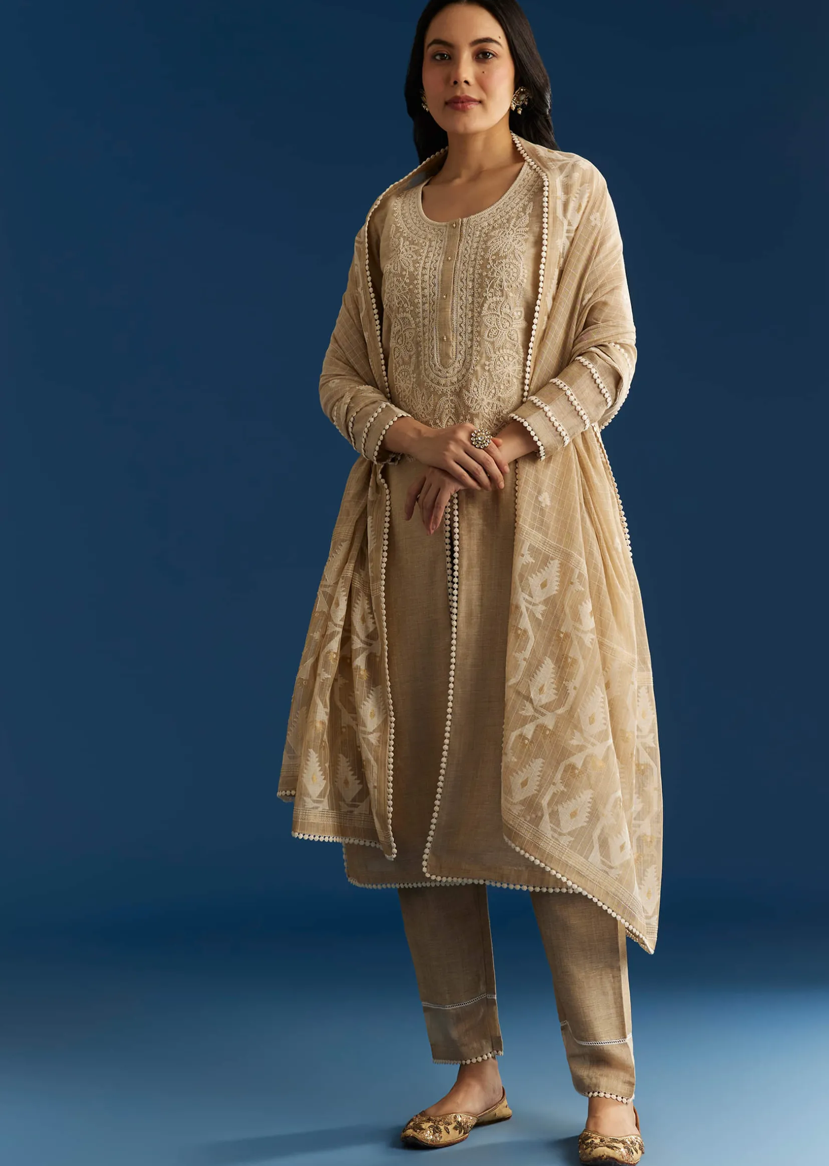 Beige Jamdani Kurta Set With Thread And Sequins Work