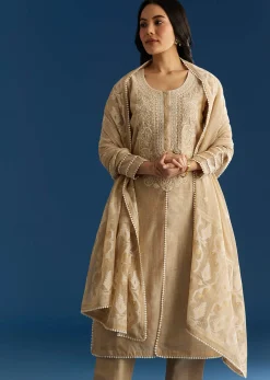 Beige Jamdani Kurta Set With Thread And Sequins Work