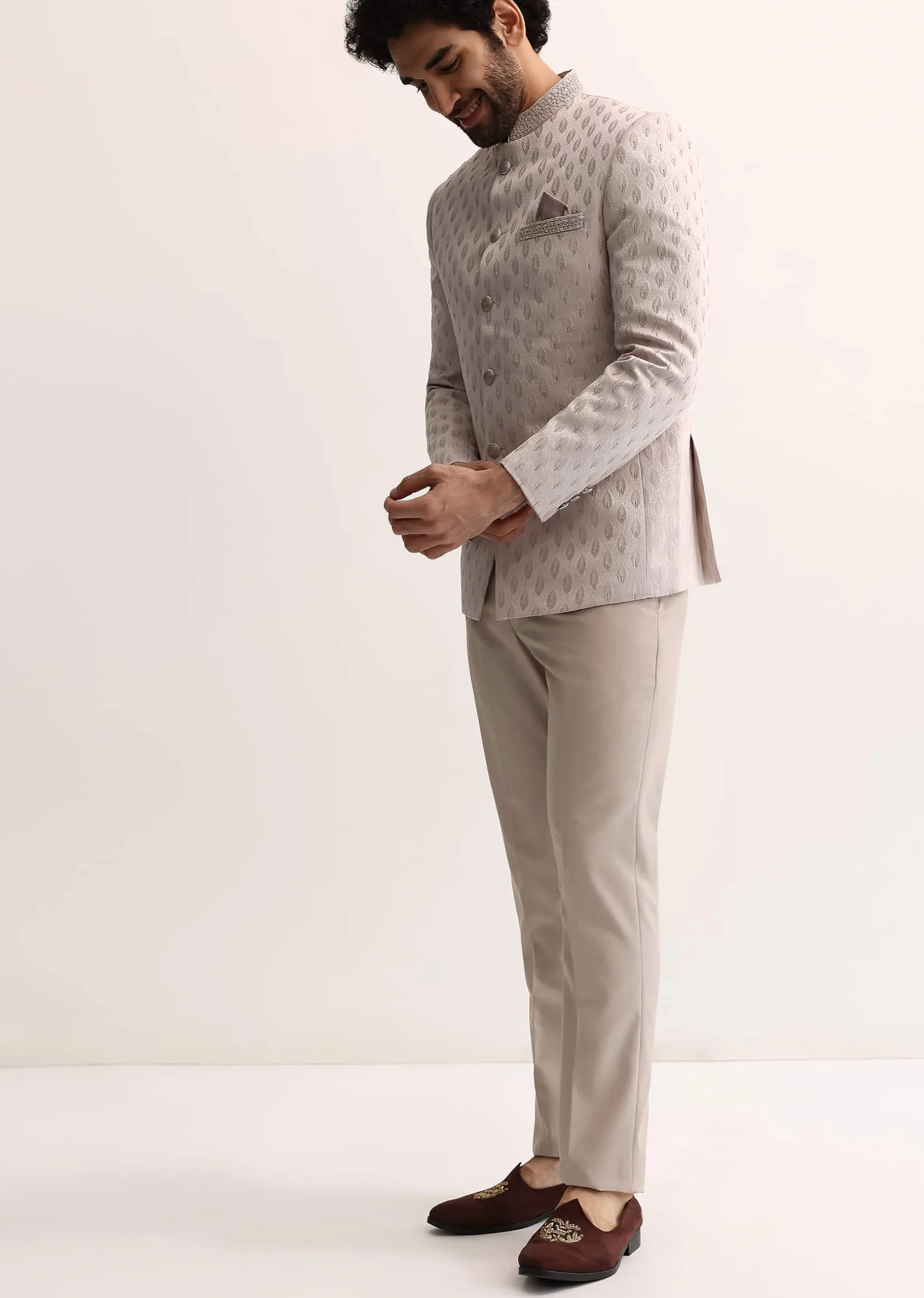 Beige Jodhpuri Suit With Self Work Embroidery For Men