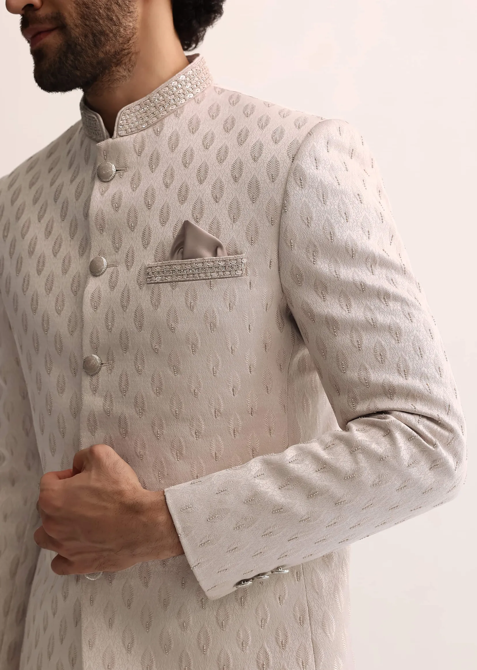 Beige Jodhpuri Suit With Self Work Embroidery For Men