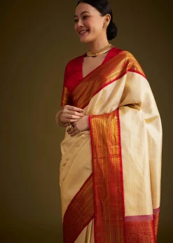 Beige Kanjivaram Silk Saree With Contrast Border