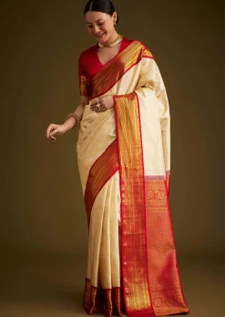 Beige Kanjivaram Silk Saree With Contrast Border