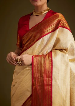 Beige Kanjivaram Silk Saree With Contrast Border
