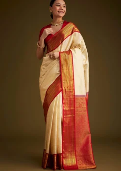 Beige Kanjivaram Silk Saree With Contrast Border